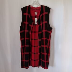 NWT CJ Banks Sweater Vest Size 16/18W Long Reversible Open Knit Black Red Plaid